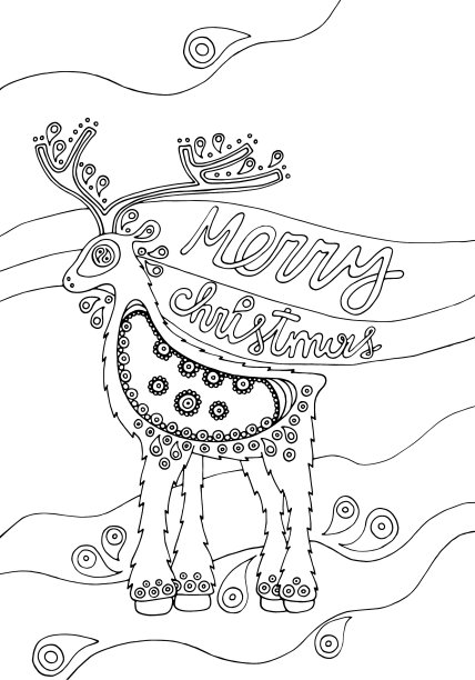 圣诞着色A4格式页与鹿和圣诞快乐文本。矢量设计的邀请，印刷，贺卡，海报。黑色轮廓模板上的白色孤立的背景。图片下载