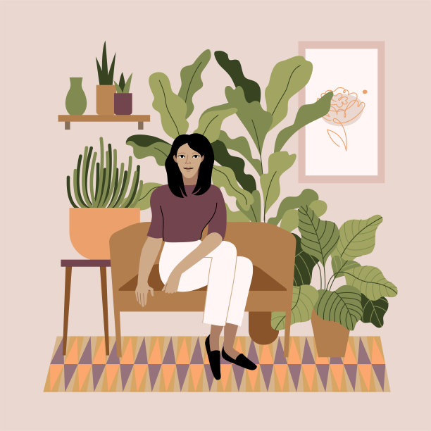 扁平简约风格矢量插画：疯狂的植物女士，现代海报或印花. 斯堪的纳维亚风格内饰时尚女孩图片下载