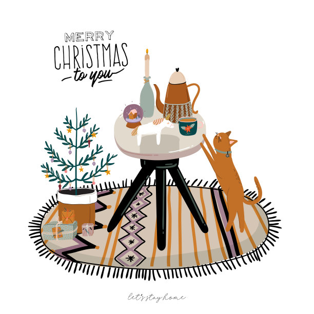 斯堪的纳维亚室内装饰-花环，猫，格子，礼物，蜡烛，桌子。图片下载