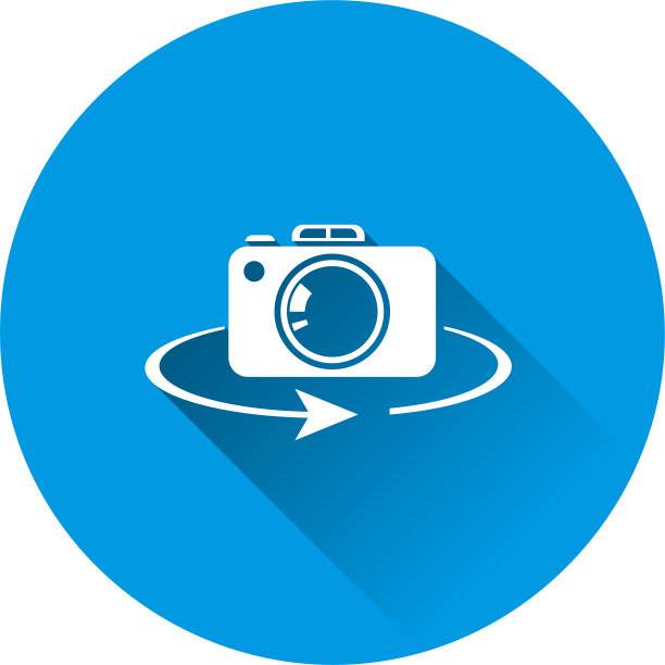 矢量摄像机旋转图标。蓝色背景上的复古相机图标。平面图像与长阴影。图片下载