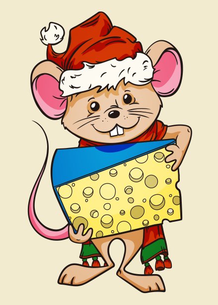 卡通鼠标与一块奶酪在它的胳膊，颜色矢量插图图片下载