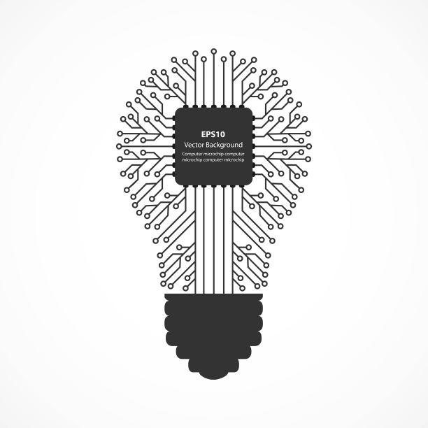 扁平的灯泡图标，里面有电脑芯片。图片下载