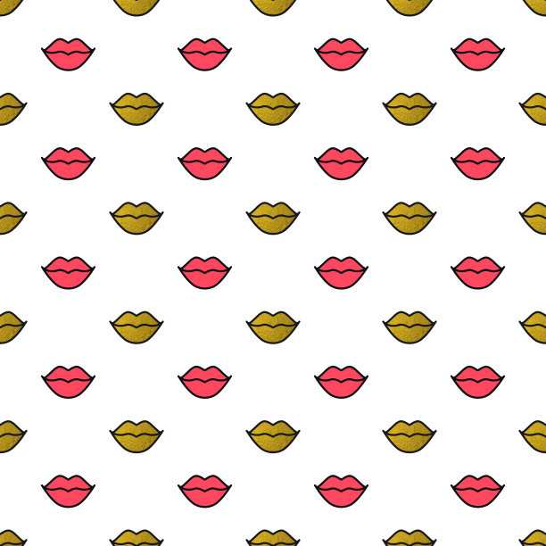金色和红色的嘴唇无缝图案上的白色背景。金色的口红吻。矢量插图。简约设计的时尚背景。图片下载