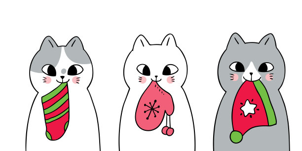 卡通可爱的圣诞猫和袜子，帽子和手套向量。图片下载