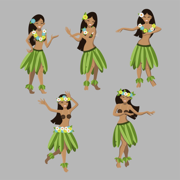 让女孩跳舞。美丽优雅的夏威夷女孩穿着传统服装跳草裙舞。花环和绿色裙子。向量卡通形象。图片下载