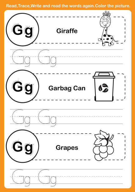 字母练习与卡通词汇着色书图片下载