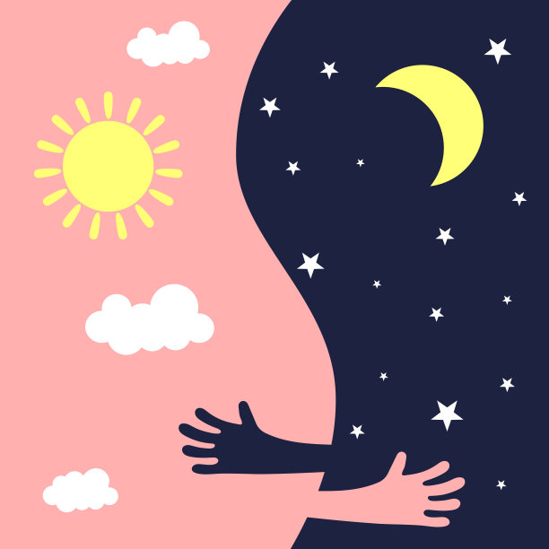 白天和黑夜在星星和云彩的背景下拥抱。靠近太阳和月亮。矢量图图片下载