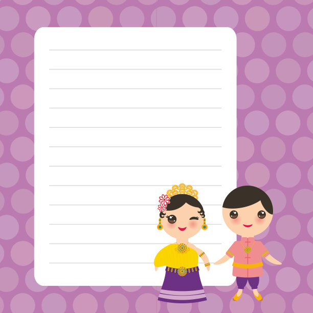 泰国卡哇伊男孩和女孩在民族服装和帽子。卡通儿童卡片设计与卡哇伊薄荷彩色圆点划线页笔记本，模板，空白，规划背景。向量图片下载