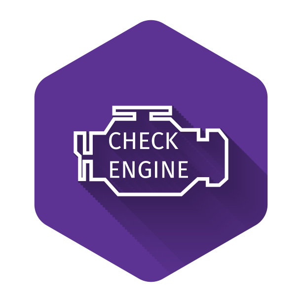 白色检查引擎图标与长阴影隔离。紫色的六角按钮。矢量图图片下载