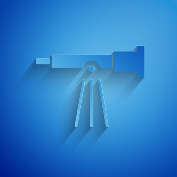 剪纸望远镜图标孤立在蓝色背景。科学的工具。教育和天文学元素，望远镜和研究恒星。纸艺术风格。矢量图图片下载