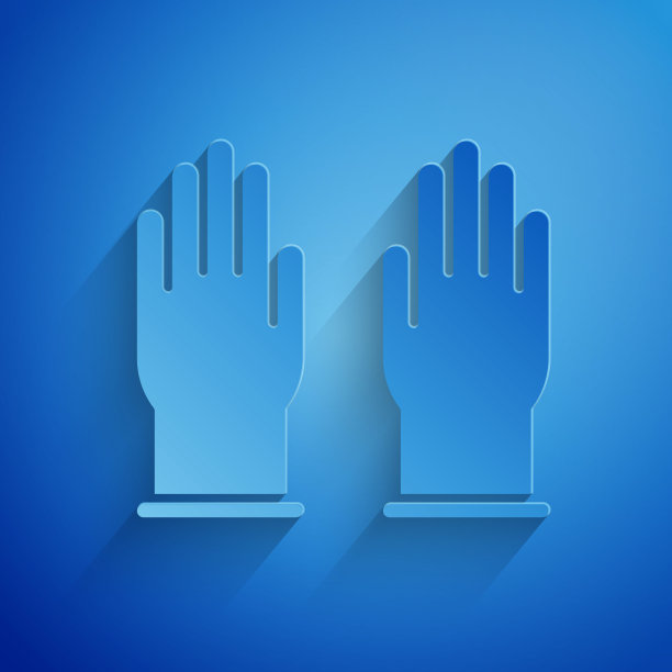 剪纸橡胶手套图标隔离在蓝色背景。乳胶手保护标志。家务清洁设备符号。纸艺术风格。矢量图图片下载