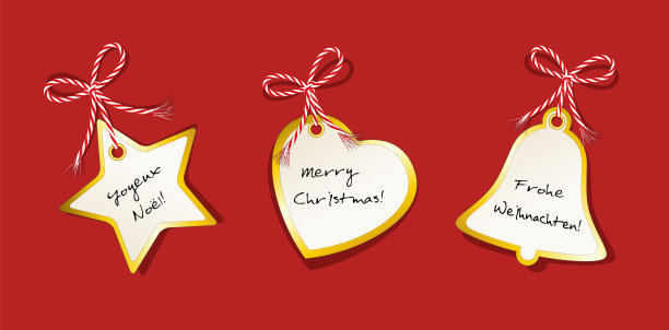 圣诞贺卡集，星，心和钟与国际问候在德国，英语和法语，标签收集，礼品标签集金色边缘和丝带蝴蝶结，矢量插图孤立在白色背景图片下载