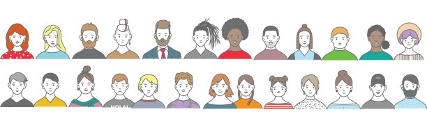 不同男女头像的无缝图案边框背景，多元文化团队，扁平风格的彩虹色矢量图图片下载