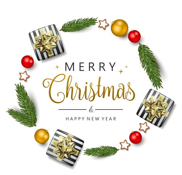 圣诞快乐礼物，圣诞球，饼干和星星装饰圈与文字图片下载
