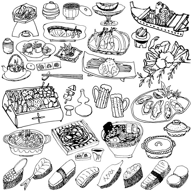 日本的食物。手绘插图。图片下载