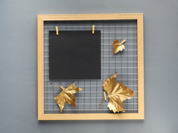 照片网格板与金色的秋天树叶和黑色的纸模型为您的字母或书法艺术图片下载