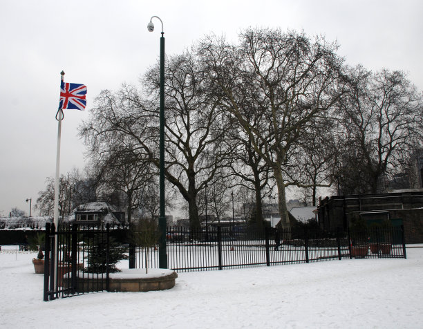 英国国旗飘扬在白雪覆盖的维多利亚公园上空，光秃秃的树木图片下载