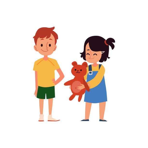 一个白人小女孩微笑着和一个男孩分享一个玩具。图片下载