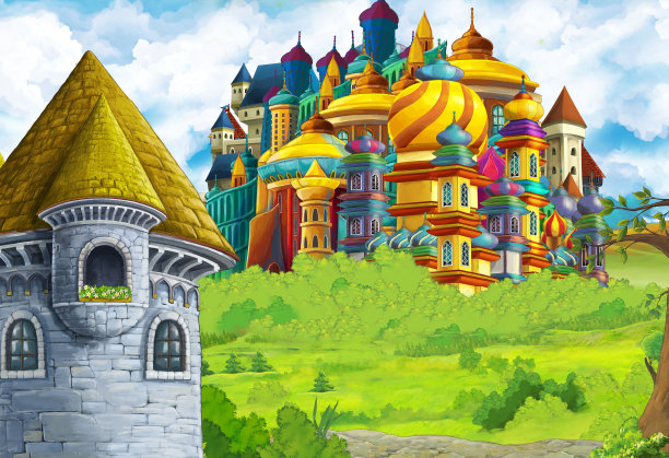 卡通自然景观与美丽的城堡附近的森林图片下载