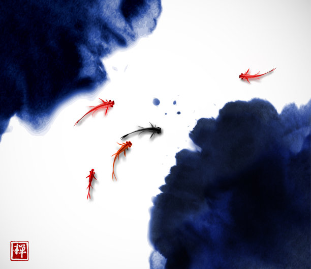 水墨画以小鲤鱼、鱼类和水生植物的叶子为插图。象形文字——禅素材图片