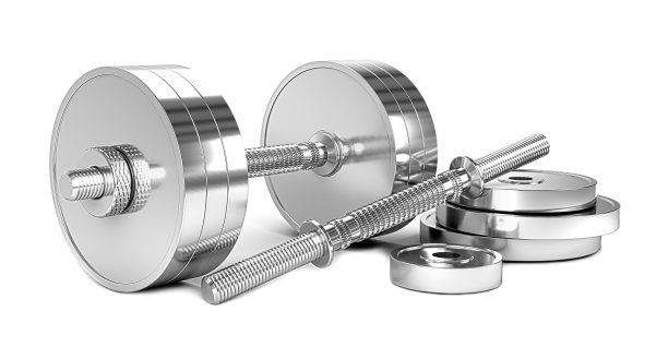 Chrome哑铃孤立在白色背景。3 d渲染。三维演示图片下载