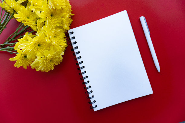 白色纸的螺旋笔记本，白色的钢笔和黄色的花在红色的背景，从顶部看。对新年的动力和计划有好处图片下载