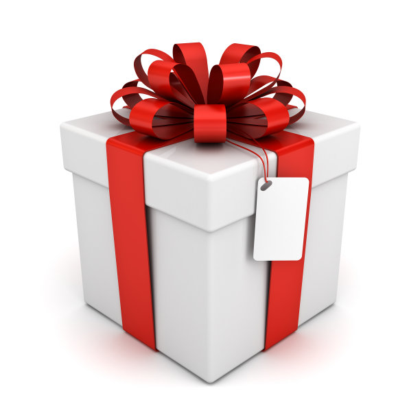 白色礼盒或礼盒与红色丝带蝴蝶结和空白标签孤立在白色背景图片下载