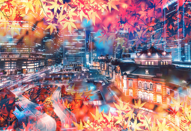 秋叶和东京城的双重曝光图片下载