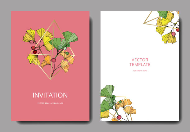 向量。银杏叶。婚礼粉色背景卡。谢谢，请回复，精美的请帖插图。图片下载