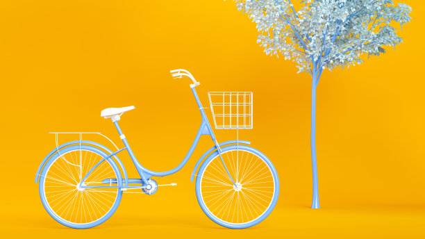 蓝色自行车和树被隔离在橙色上图片下载