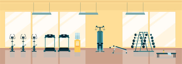 健身房室内跑步机，腹部长凳和杠铃矢量插图。图片下载