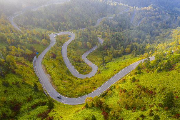 鸟瞰图，山间蜿蜒的道路在秋天图片下载