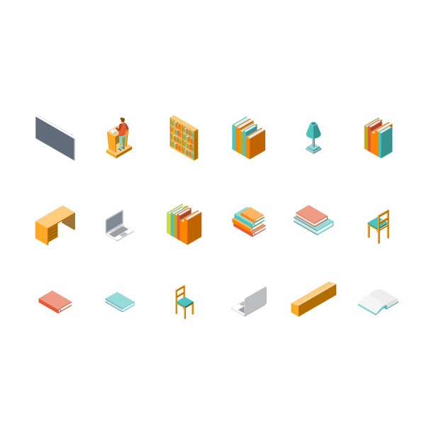 大学礼堂元素图标设置等距视图。向量图片下载