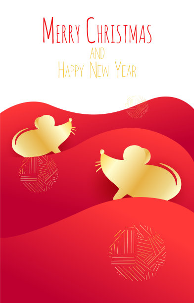 圣诞贺卡与金色老鼠在平设计在红色的背景。向量旗帜。图片下载