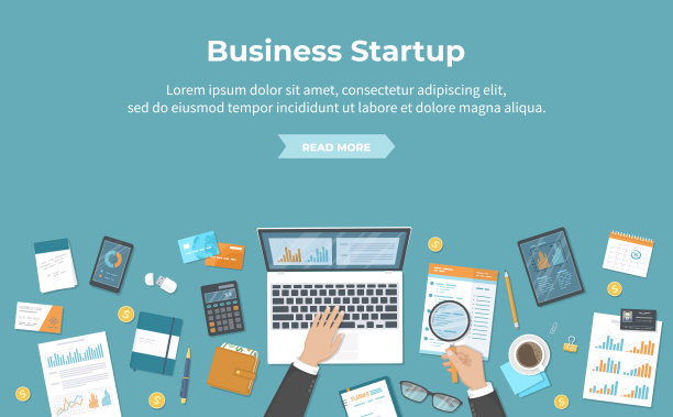 从事项目启动、投资、财务规划、协议、分析数据、实现、成功的商人。文件、图表、报告、账目。表的顶部视图。向量素材图片