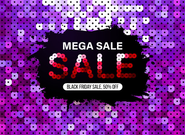 现代黑色星期五旗帜与紫色亮片织物效果的特别优惠，销售和折扣。促销和购物模板的Mega sale 50%的折扣。有限的时间提供图片下载
