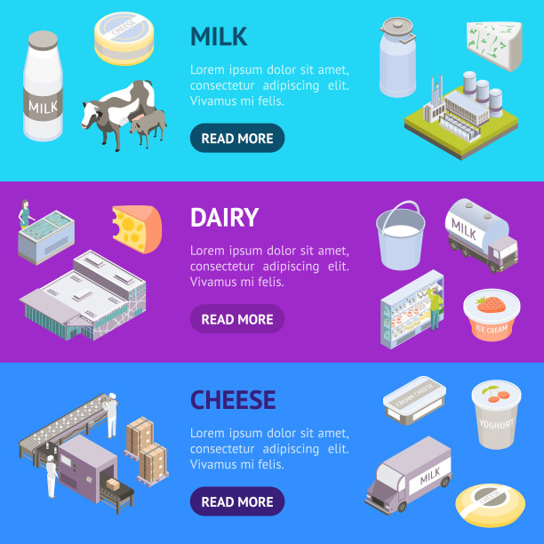 牛奶工厂标志3d旗帜水平设置等距视图。向量图片下载