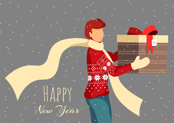 可爱的“新年快乐”卡片设计。灰色的背景上是一个穿着冬装、带着礼盒的男人。图片下载