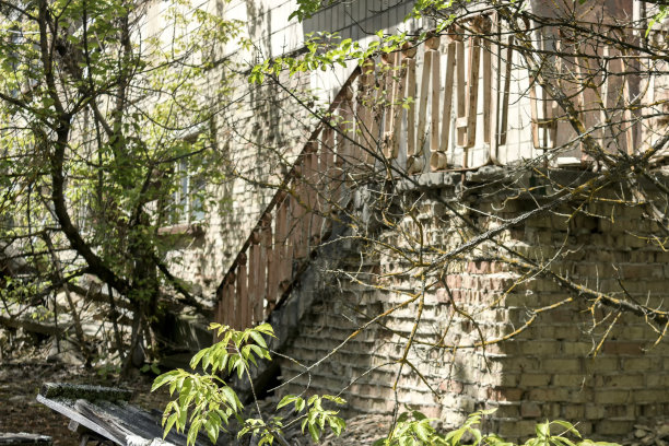 由于经济危机和地震，居民区的废墟，倒塌房屋的黑色垃圾。旧建筑的内部被摧毁了。图片下载