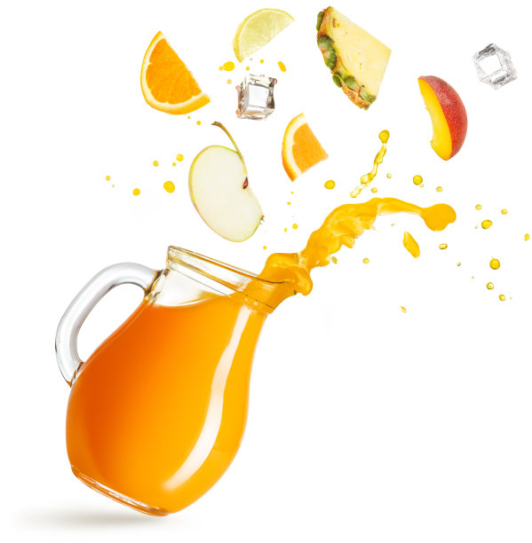 会飞的水果掉进果汁罐里图片下载