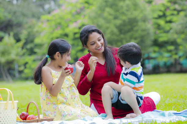 快乐的家庭享受野餐在自然在夏季股票照片图片下载