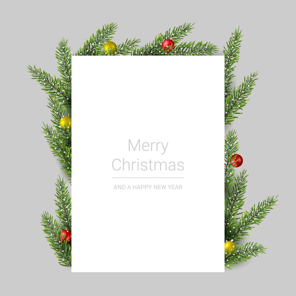 圣诞贺卡与松树枝和圣诞球在灰色背景，矢量插图图片下载
