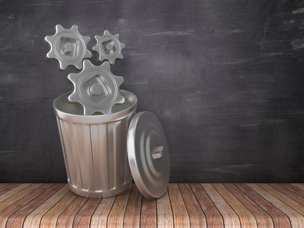 垃圾桶与齿轮在黑板背景- 3D渲染图片下载