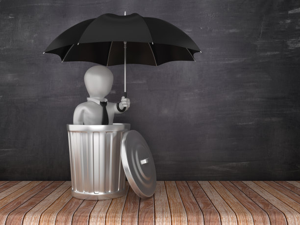 垃圾桶与商业人物与雨伞在黑板背景- 3D渲染图片下载