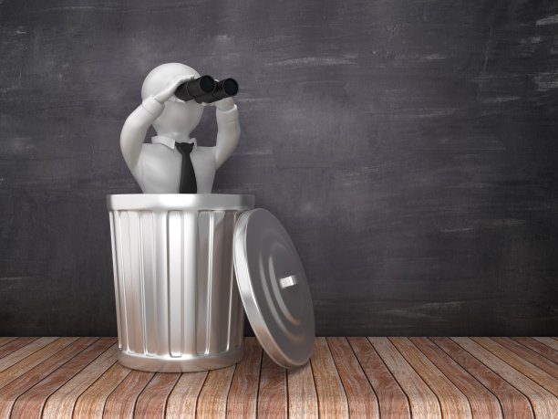垃圾桶与商业人物与双筒望远镜在黑板背景- 3D渲染图片下载