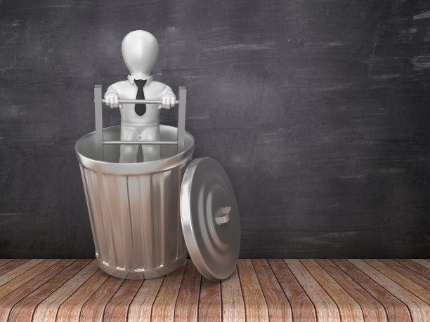 垃圾桶与商业人物在楼梯上的黑板背景- 3D渲染图片下载