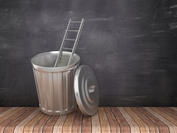 垃圾桶与楼梯的黑板背景- 3D渲染图片下载