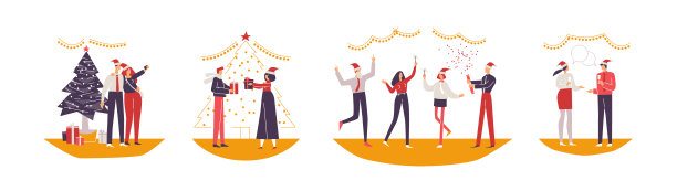 一组工人团体。公司圣诞派对。矢量插图孤立图片下载