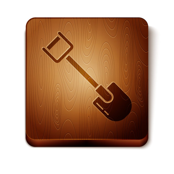 棕色铲子图标孤立在白色背景。园艺工具。园艺、农业、农业的工具。木制方形按钮。矢量图图片下载