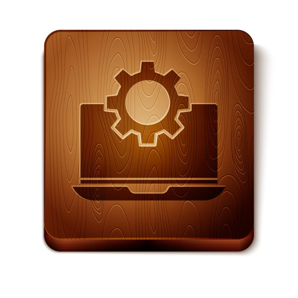 棕色笔记本电脑和齿轮图标孤立在白色背景。笔记本电脑服务理念。调整app，设置选项，维护，修复，修复。木制方形按钮。矢量图图片下载